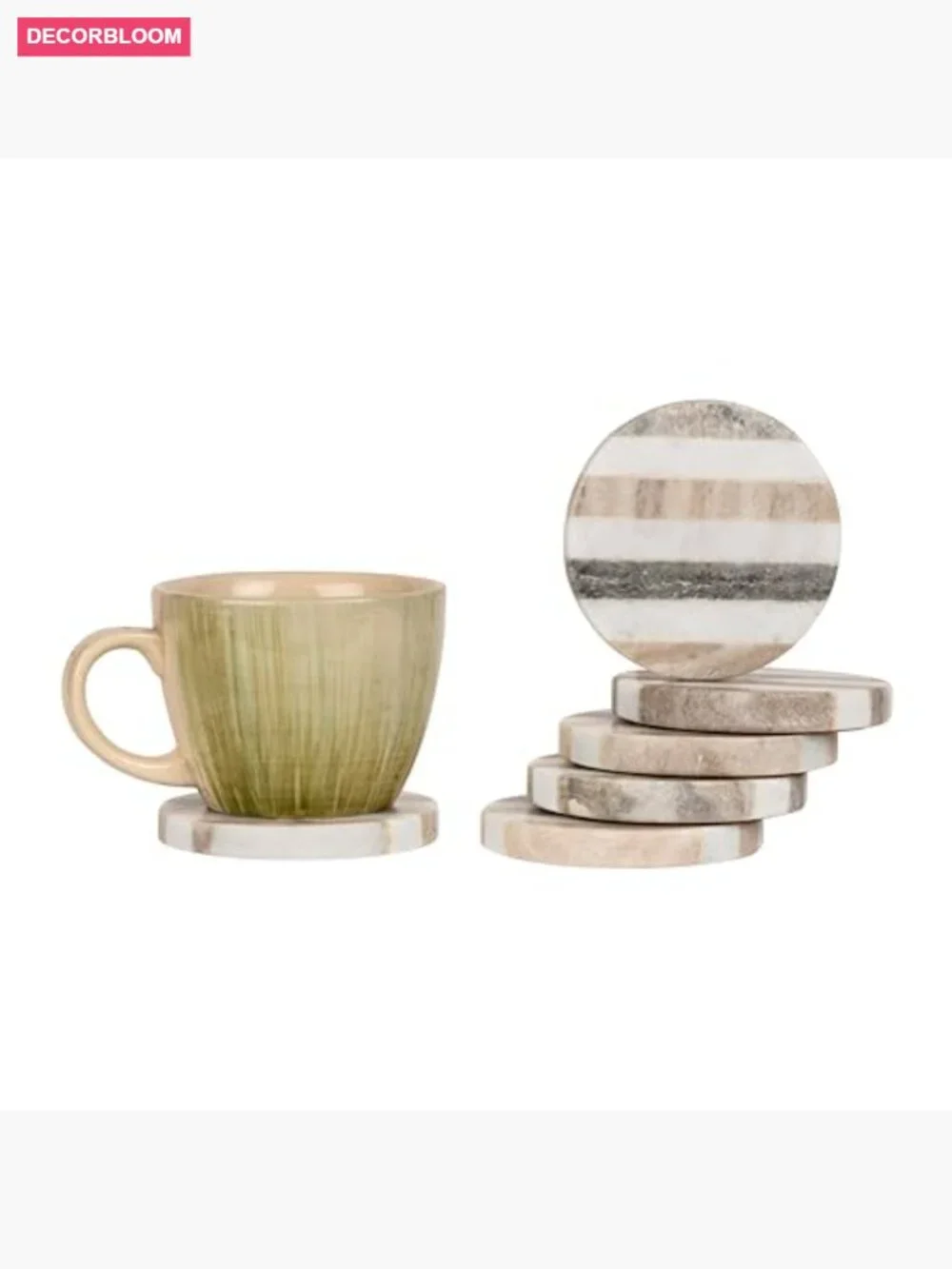 Set of 6 Handcrafted Marble Round Coasters with Striped Inlay